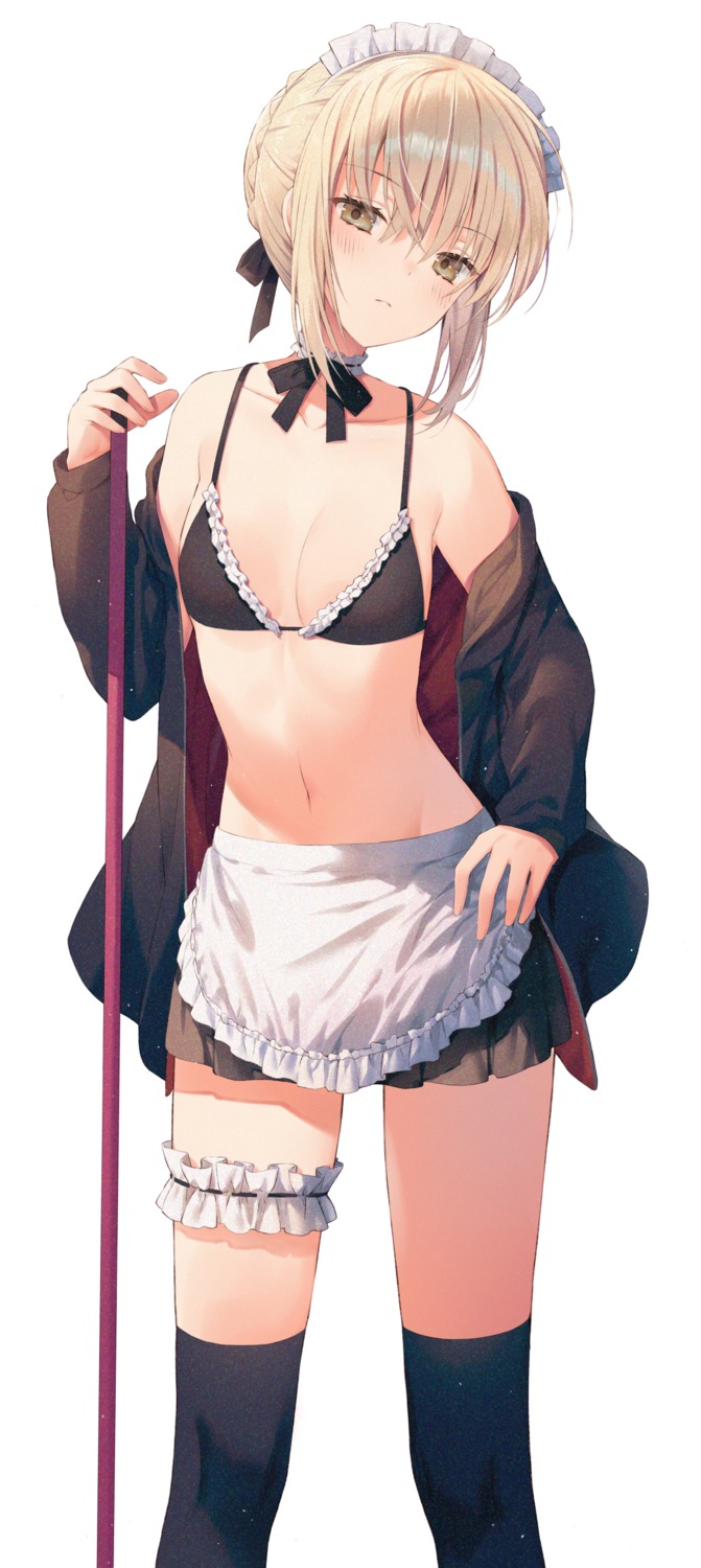 bikini cleavage fate/grand_order garter kuro_futoshi maid open_shirt saber saber_alter swimsuits thighhighs