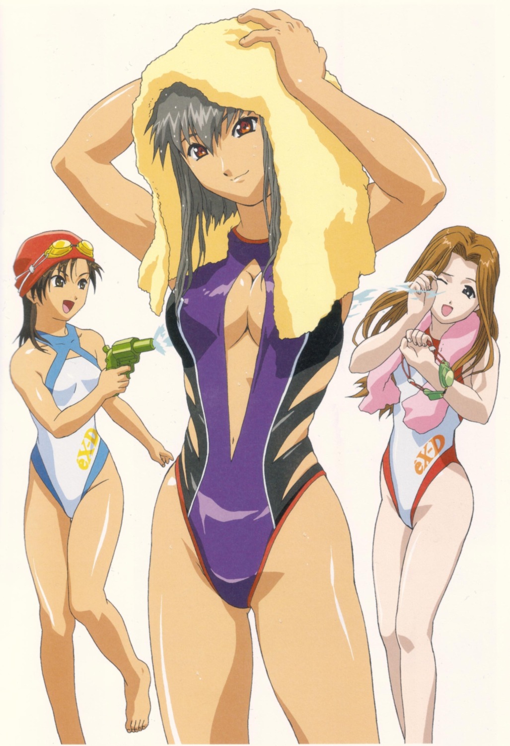 cleavage endou_lorna erect_nipples ex-driver gun kazama_rei sakakino_lisa swimsuits towel wet