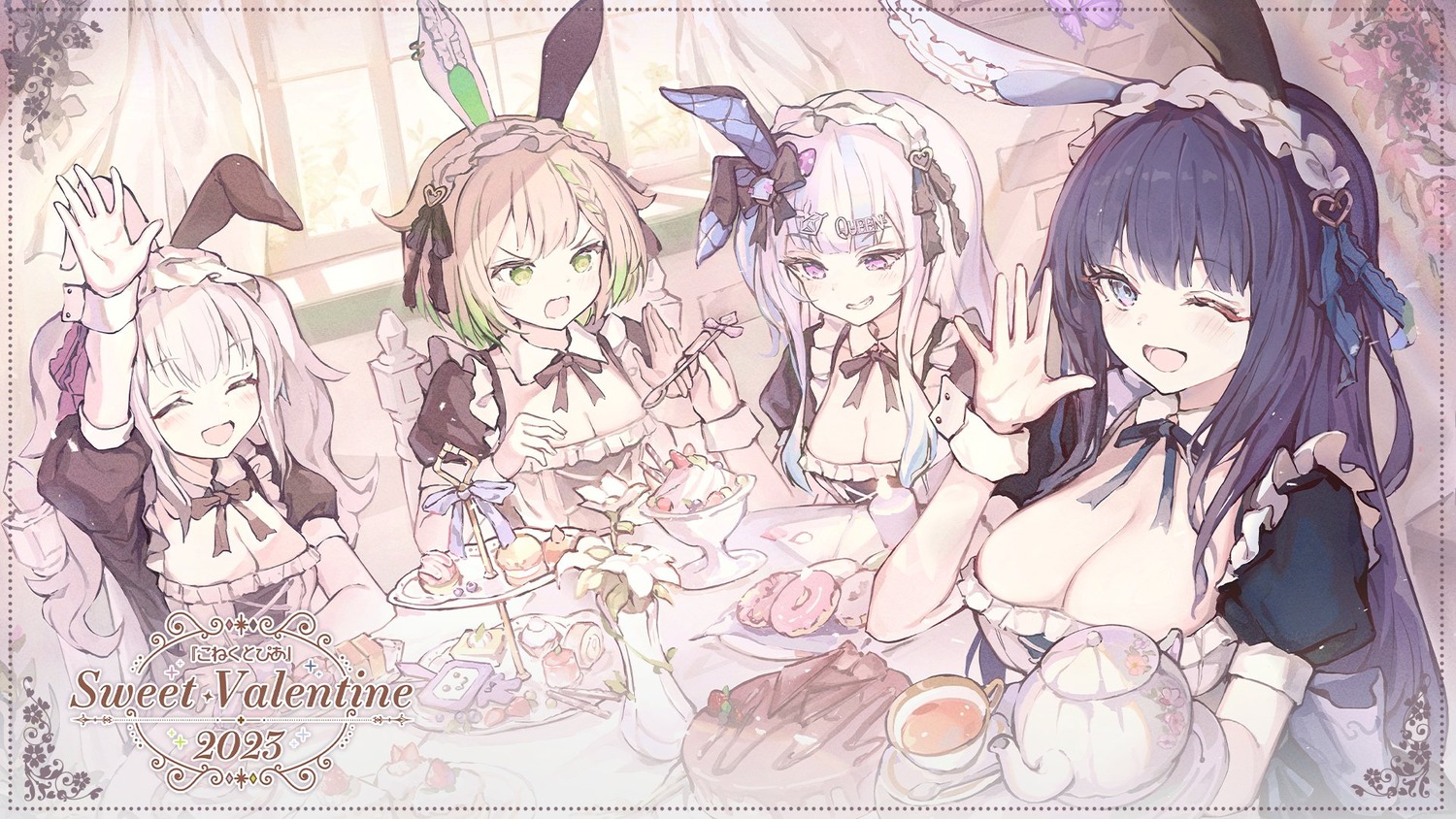 ameno_inuku animal_ears bunny_ears cleavage connectopia maid mesugaki_dia negirate no_bra tensai_meteo valentine wallpaper yamitsuki_dokuro