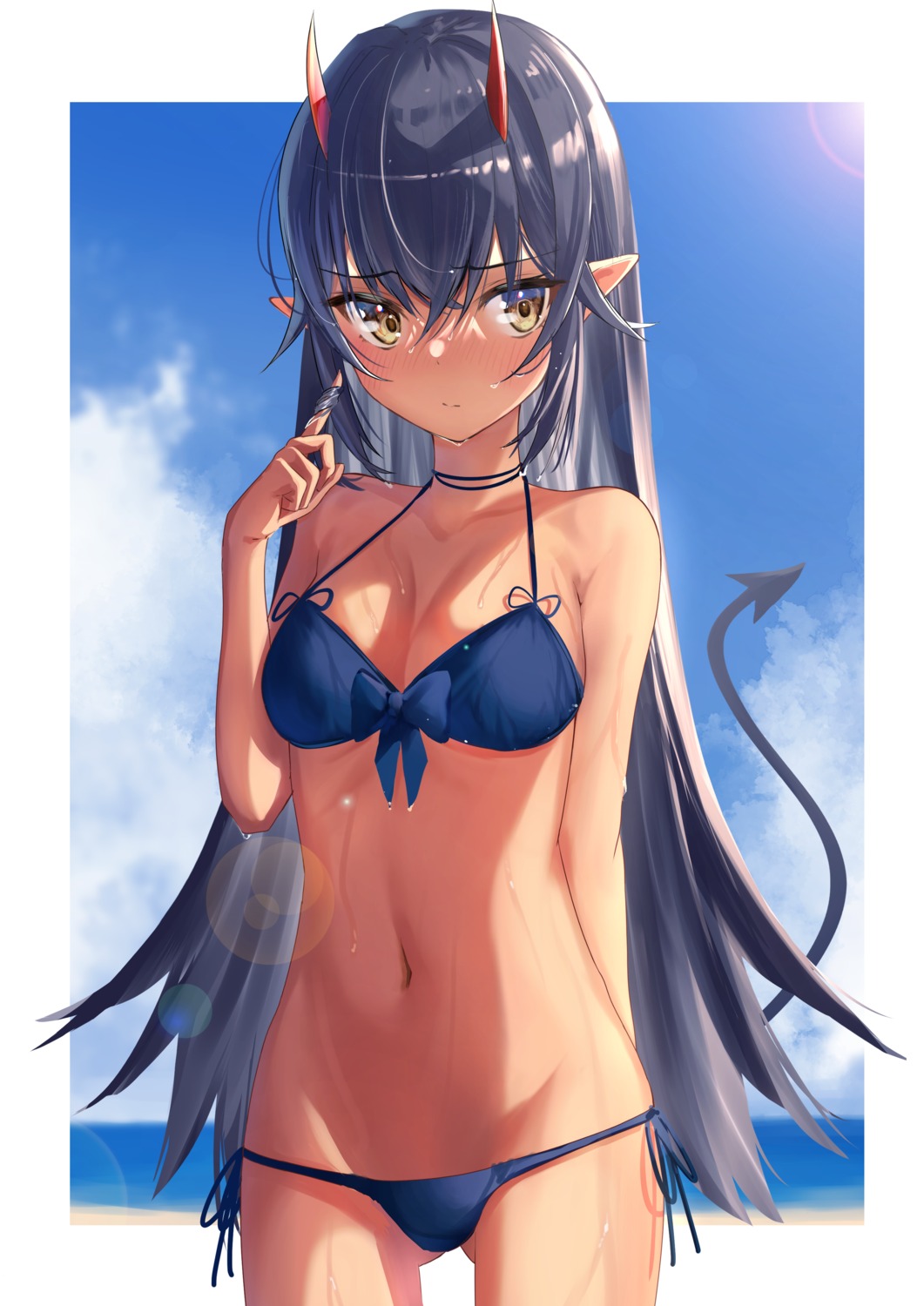 bikini honey_strap horns nanashi_inc. pointy_ears shimamura_charlotte swimsuits tail tsubameno wet