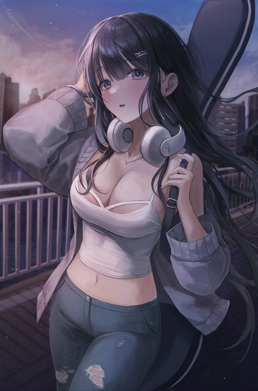 headphones myowa no_bra sweater torn_clothes