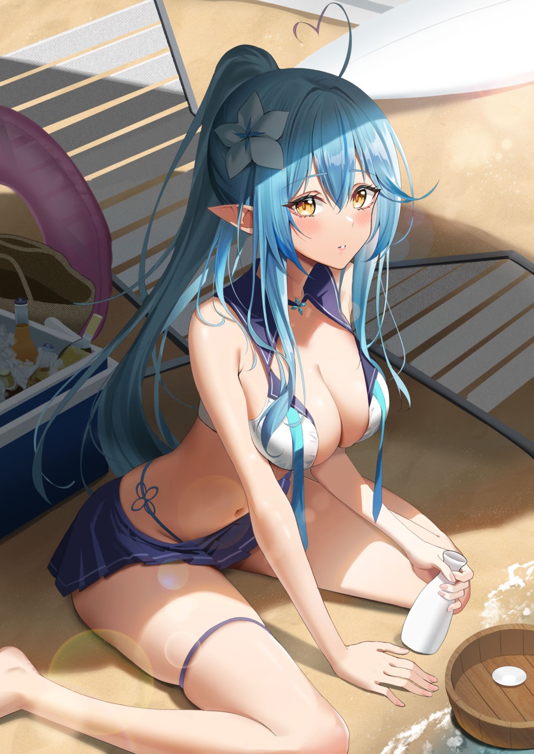 bikini elf garter hololive pointy_ears ri_qing seifuku swimsuits yukihana_lamy