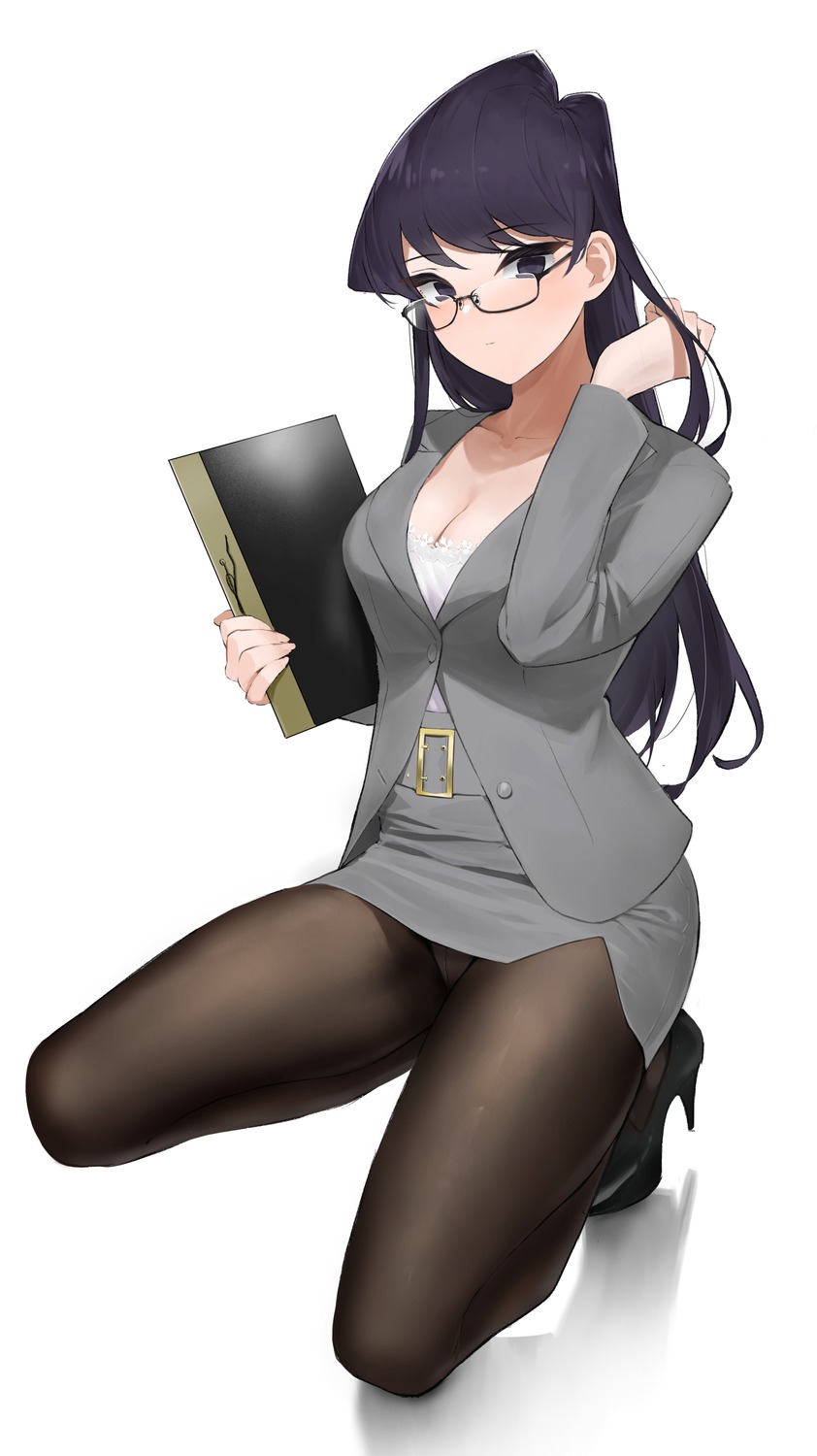 business_suit cleavage heels komi-san_wa_komyushou_desu. komi_shouko megane pantsu pantyhose see_through skirt_lift takita_(takita3411)