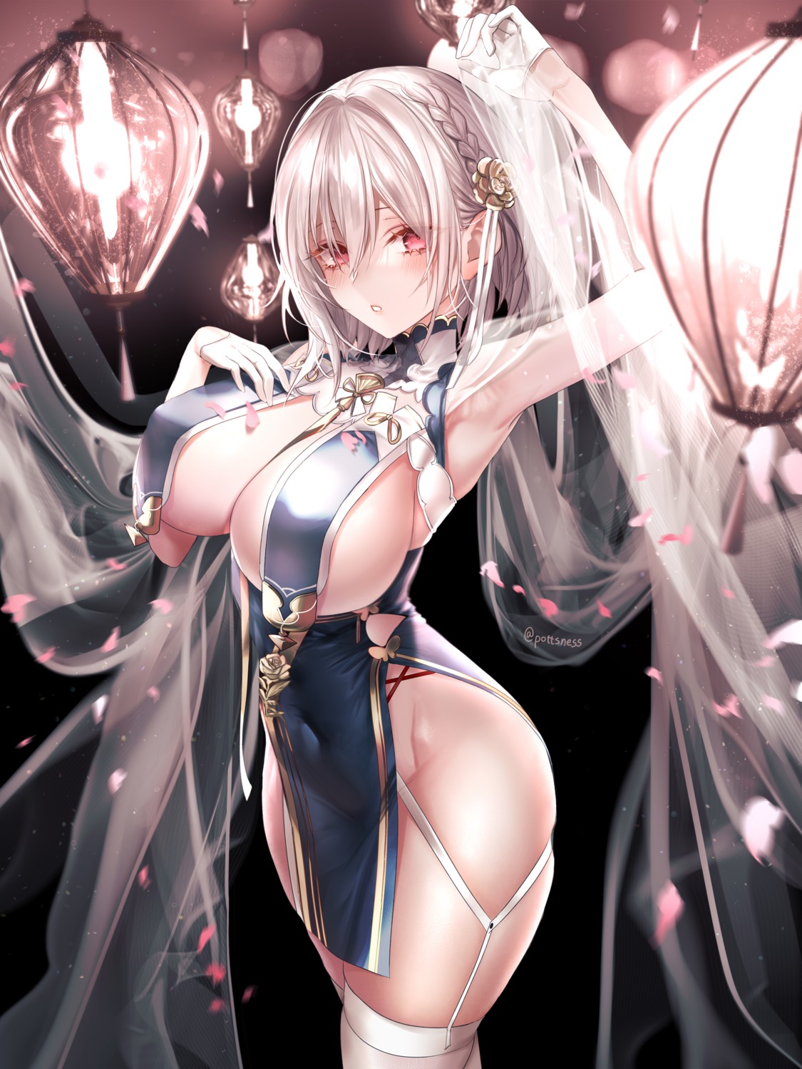 asian_clothes azur_lane erect_nipples no_bra nopan pottsness see_through sirius_(azur_lane) stockings thighhighs