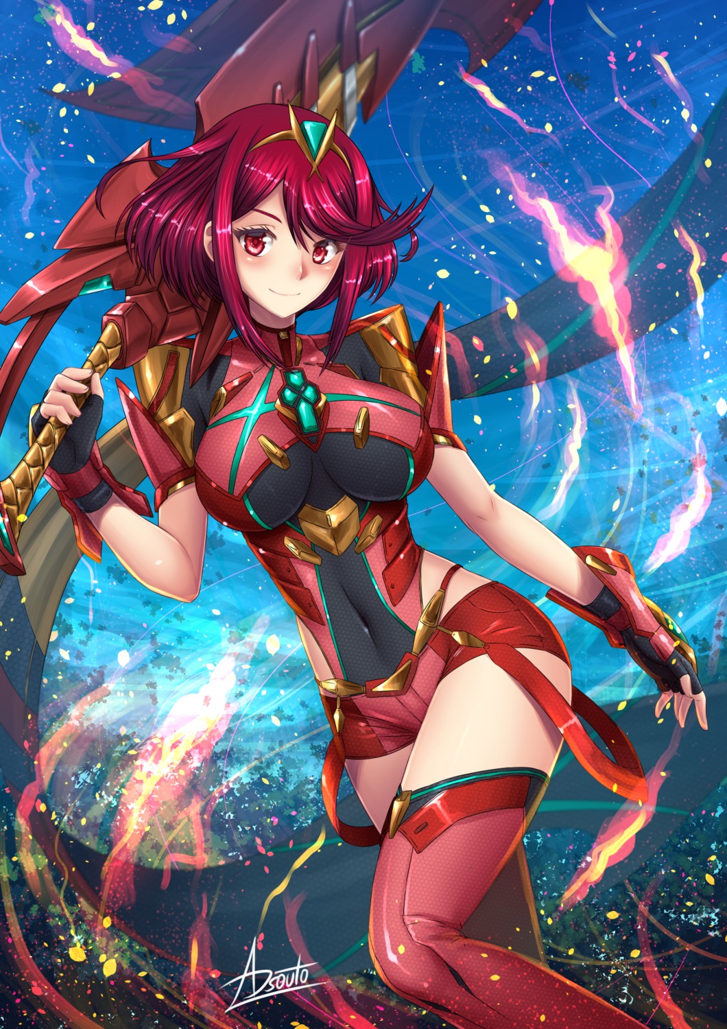 adsouto armor bodysuit homura_(xenoblade_2) sword thighhighs xenoblade_(series) xenoblade_2