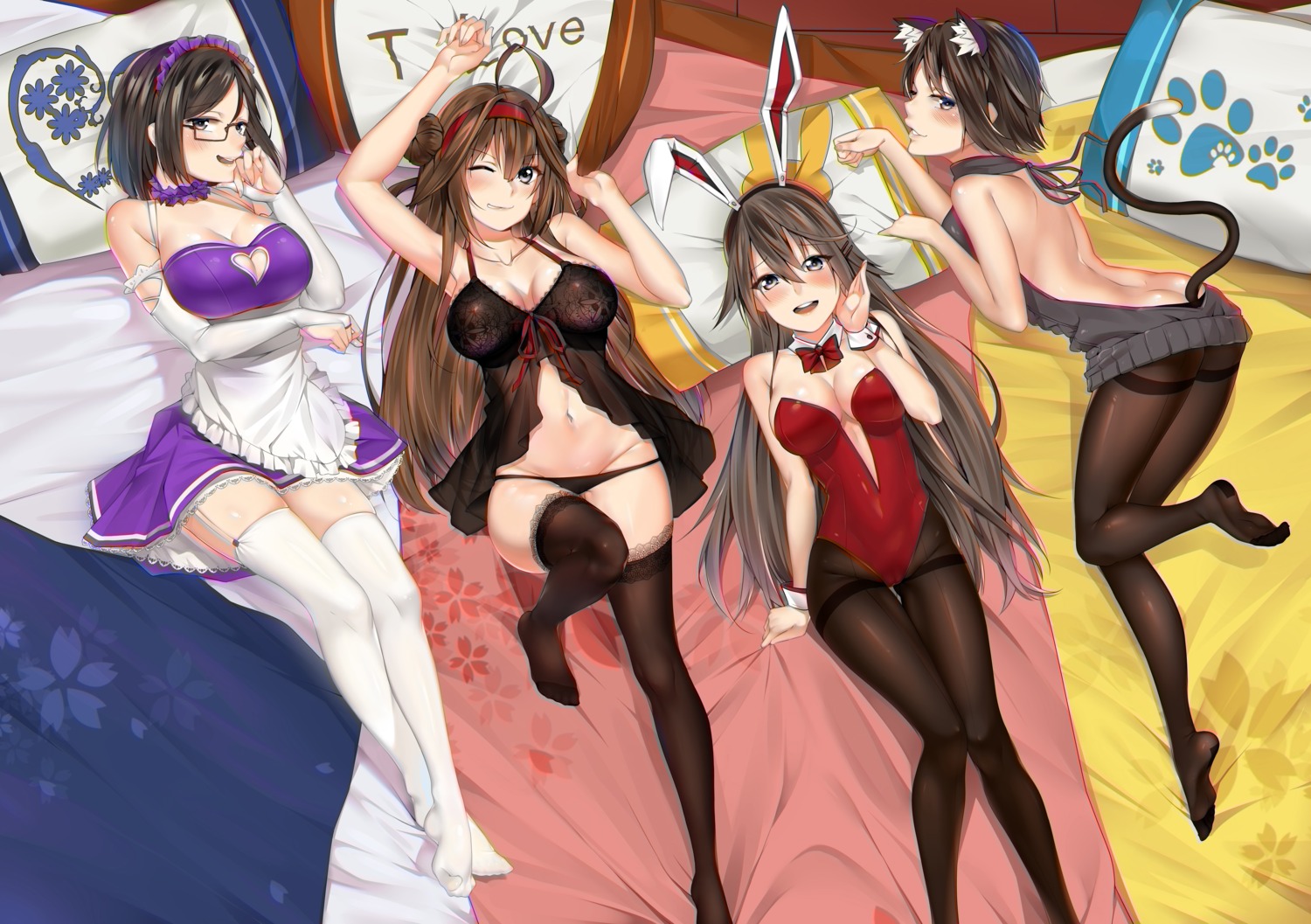 animal_ears ass b3b bunny_ears bunny_girl cleavage feet haruna_(kancolle) hiei_(kancolle) kantai_collection kirishima_(kancolle) kongou_(kancolle) lingerie maid nekomimi no_bra pantsu panty_pull pantyhose see_through stockings sweater tail thighhighs