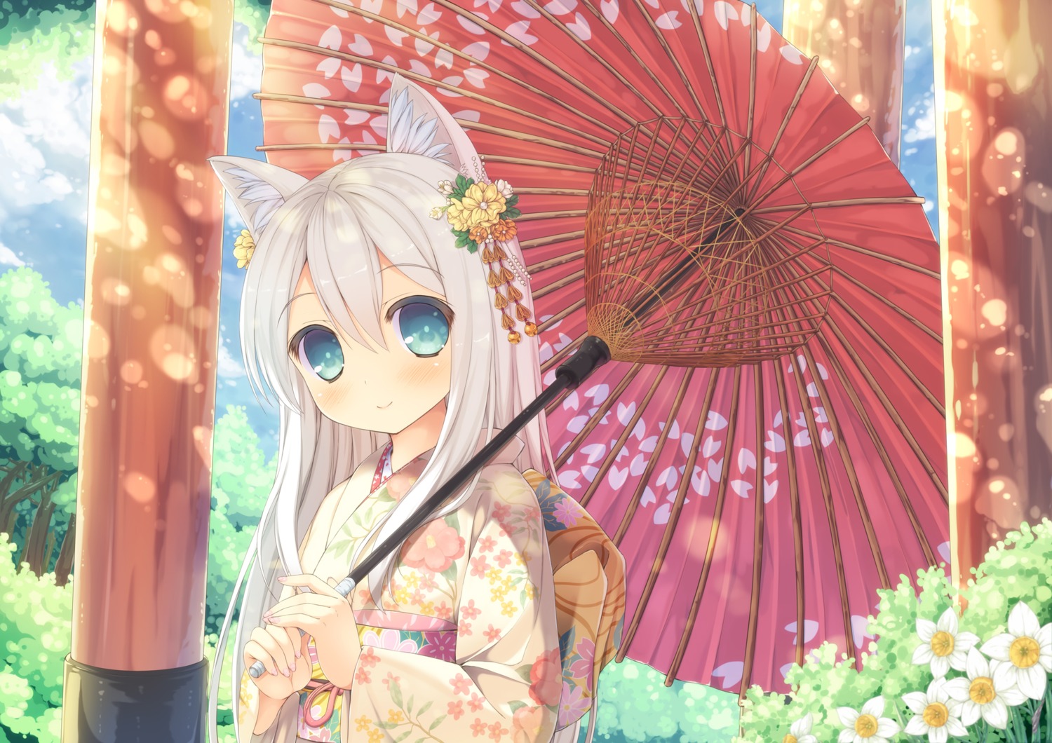 animal_ears kimono taiki_ken umbrella