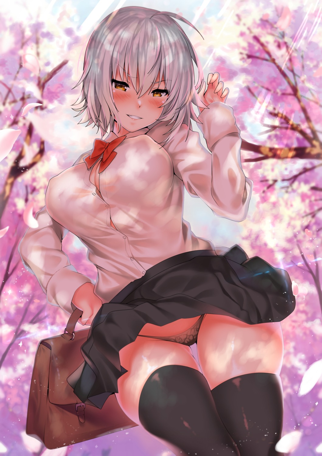 cleavage fate/grand_order jeanne_d'arc jeanne_d'arc_(alter)_(fate) kawai no_bra pantsu seifuku skirt_lift thighhighs