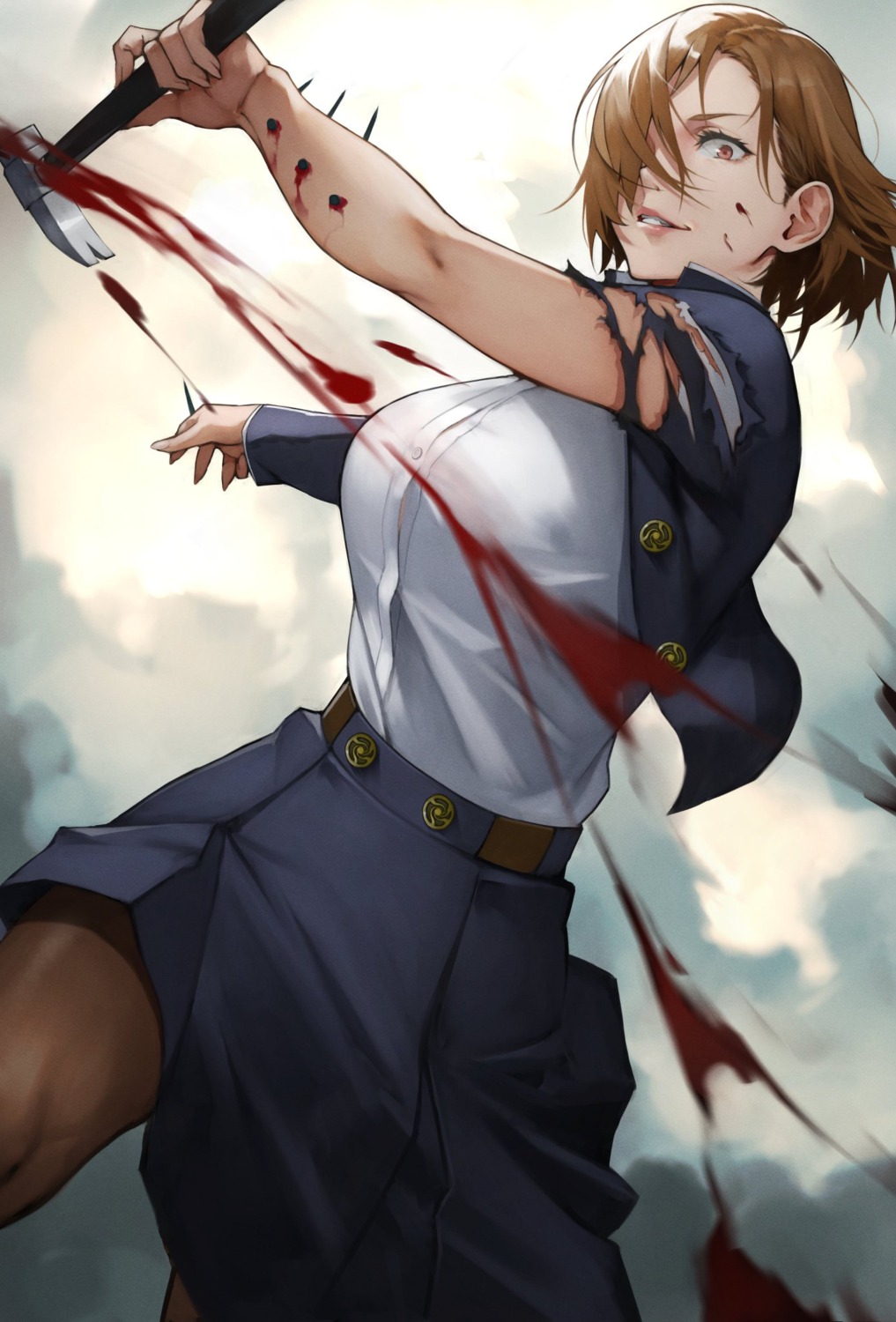 blood jujutsu_kaisen kugisaki_nobara seifuku skirt_lift torn_clothes weapon yoshio_(55level)