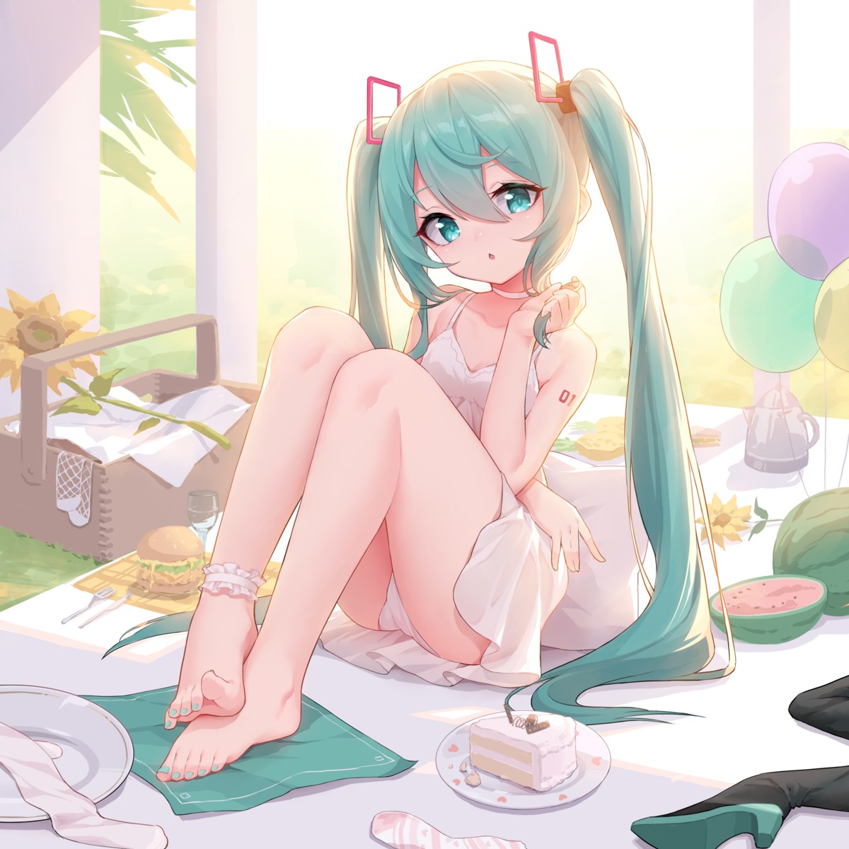 dress feet hatsune_miku pantsu shebaotower skirt_lift summer_dress tattoo vocaloid