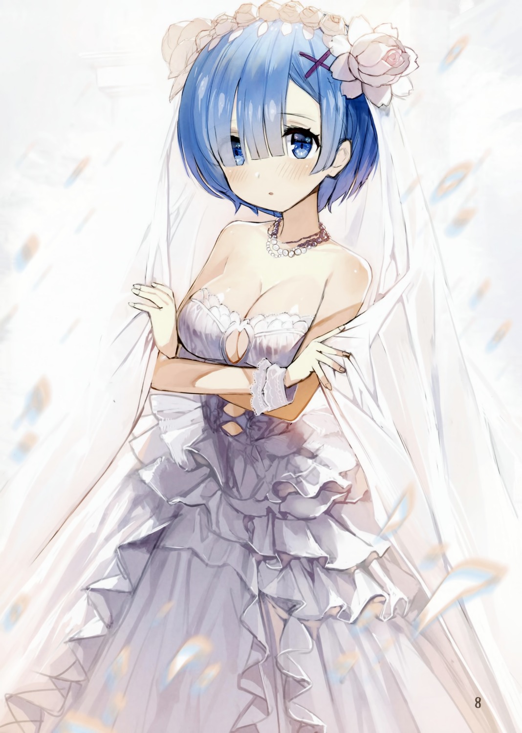 cleavage dress gaou_(matsulatte) macaron_taitei re_zero_kara_hajimeru_isekai_seikatsu rem_(re_zero) screening wedding_dress