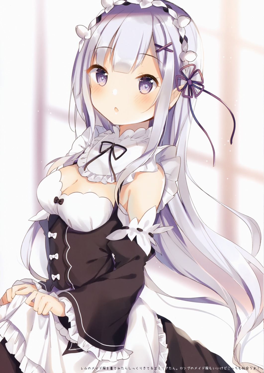 cleavage elf emilia_(re_zero) gelatin* maid pointy_ears re_zero_kara_hajimeru_isekai_seikatsu shiino_sera skirt_lift