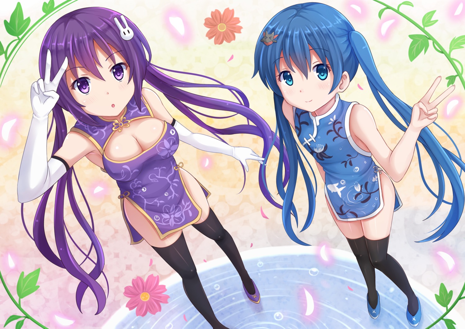 chinadress cleavage gochuumon_wa_usagi_desu_ka? kazenokaze kin'iro_mosaic komichi_aya no_bra nopan tedeza_rize thighhighs