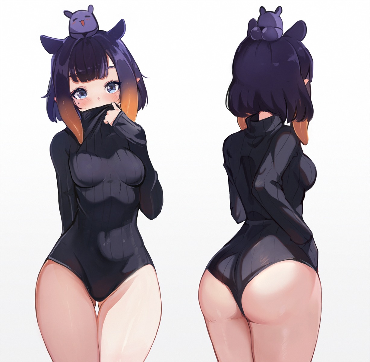 animal_ears ass hololive hololive_english koahri leotard ninomae_ina'nis pointy_ears sweater