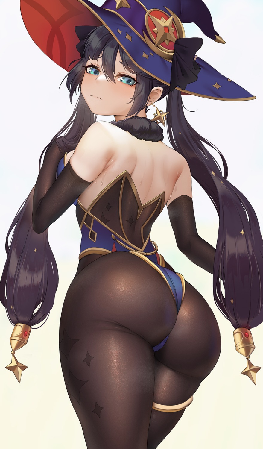 ass garter genshin_impact leotard mona_megistus no_bra pantyhose whisperingfornothing witch