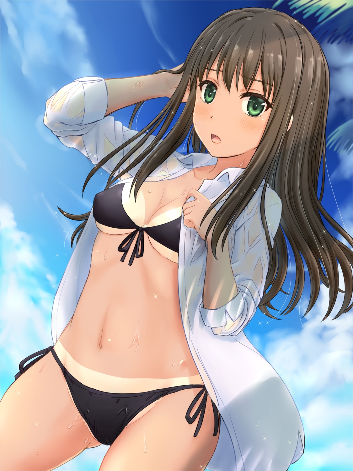 bikini cleavage inanaki_shiki open_shirt see_through shibuya_rin swimsuits tan_lines the_idolm@ster the_idolm@ster_cinderella_girls underboob wet_clothes