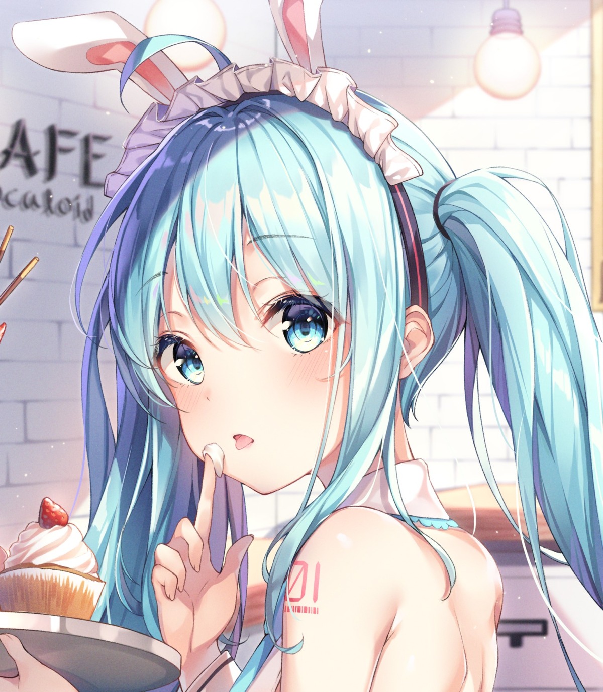 animal_ears bunny_ears cream dangmyo hatsune_miku tattoo vocaloid