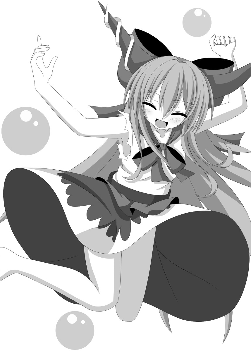 horns ibuki_suika masiroke monochrome touhou