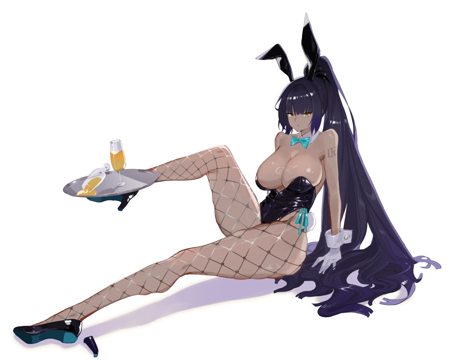 animal_ears blue_archive bunny_ears bunny_girl fishnets gouros heels kakudate_karin no_bra pantyhose tail tattoo waitress