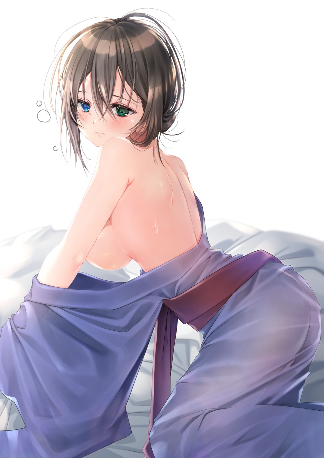 ass breasts heterochromia no_bra nopan open_shirt see_through wet yoruhoshi_owl yukata