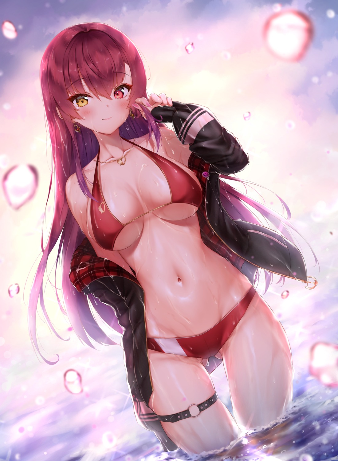 bikini garter heterochromia hololive houshou_marine ijac_ray open_shirt swimsuits wet