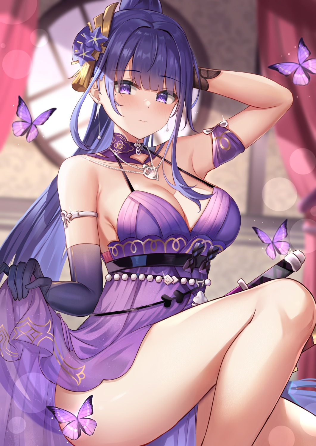 cleavage eric_(tianqijiang) genshin_impact lingerie raiden_shogun see_through skirt_lift sword