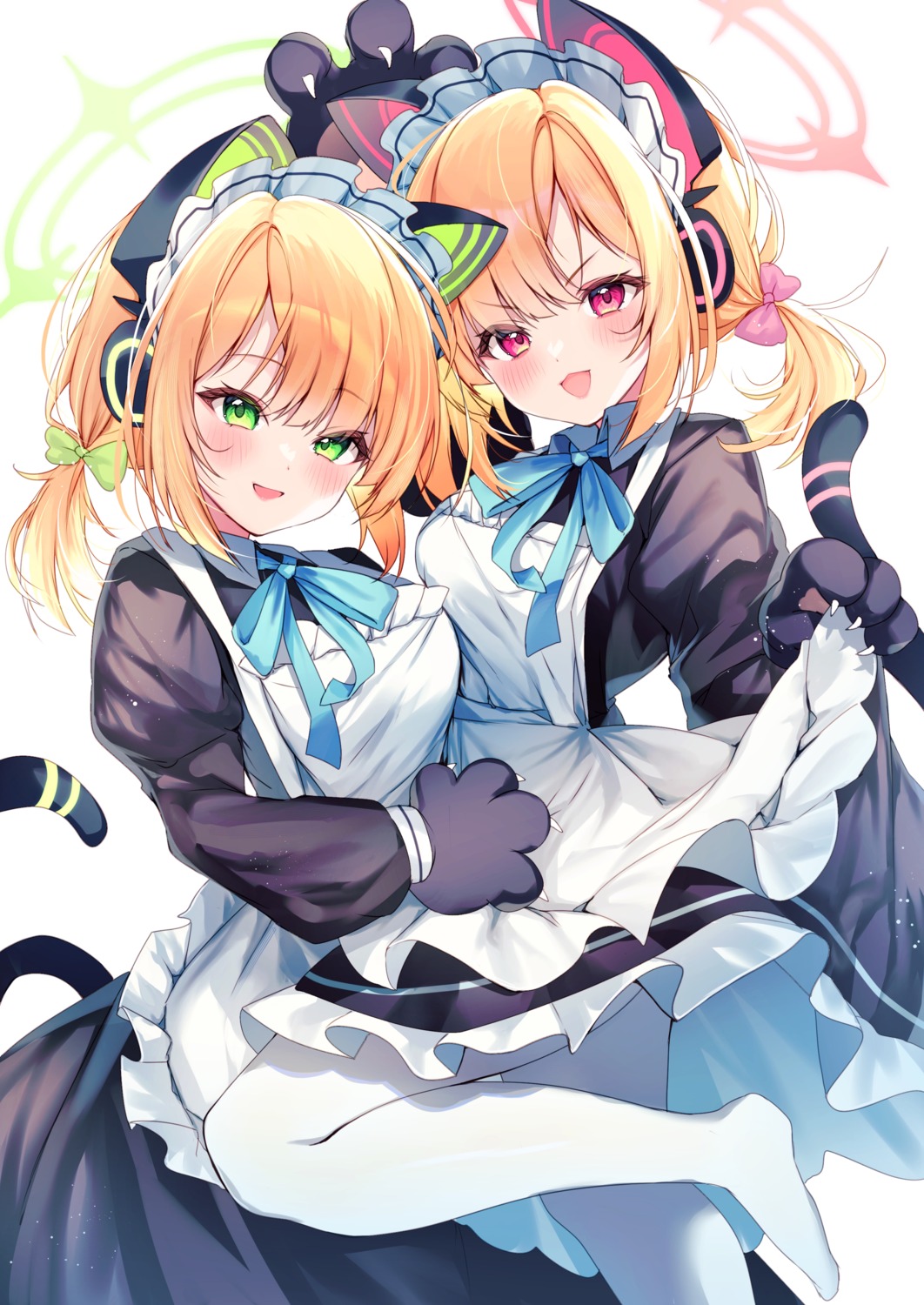 animal_ears blue_archive halo headphones maid nekomimi nenobi_(nenorium) pantyhose saiba_midori saiba_momoi skirt_lift tail