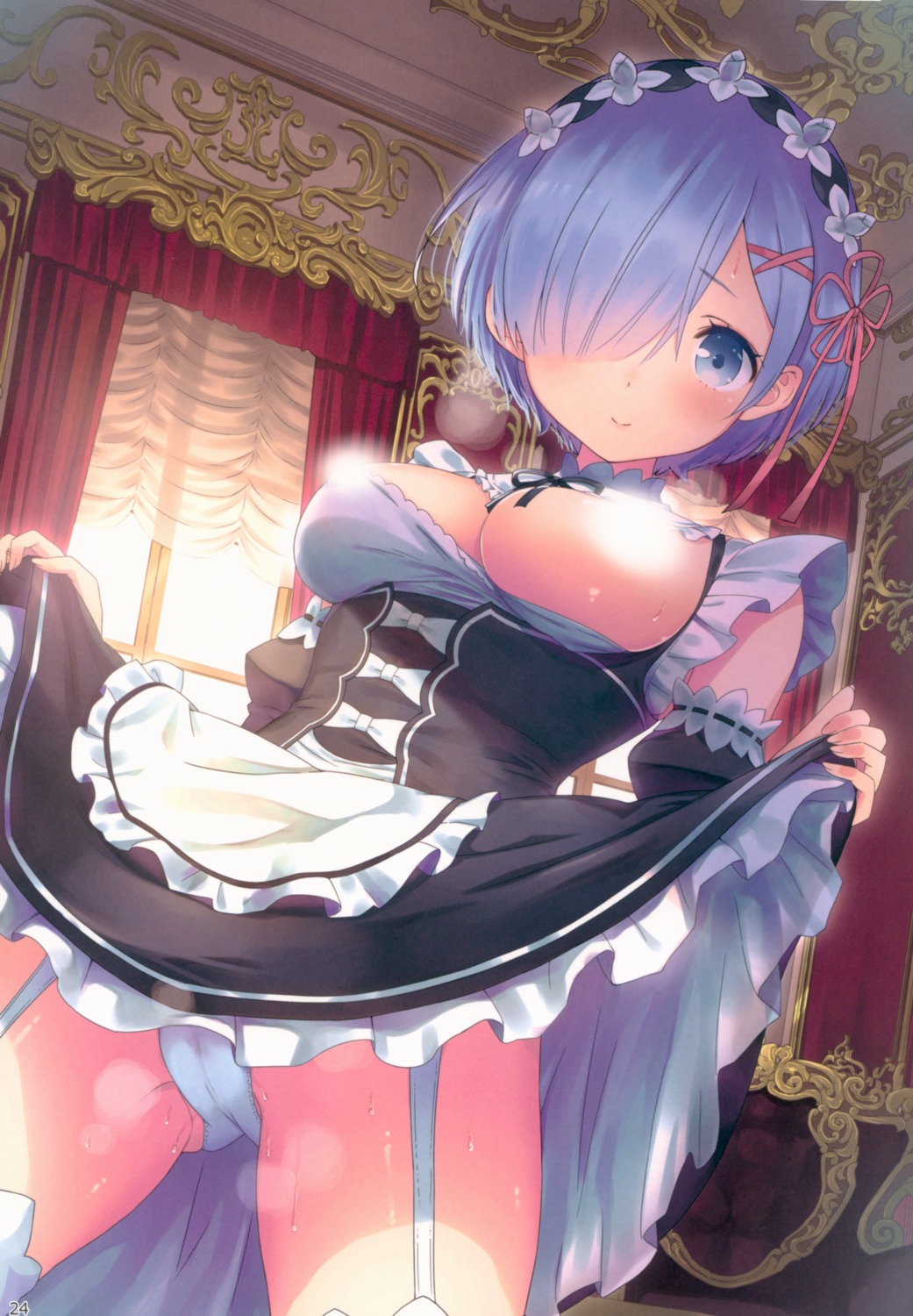 breasts cameltoe censored kamikire_basami maid no_bra pantsu re_zero_kara_hajimeru_isekai_seikatsu rem_(re_zero) skirt_lift stockings thighhighs yasuyuki