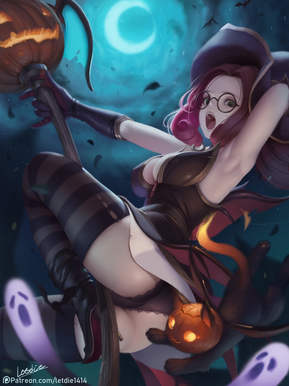 ass cleavage halloween heels league_of_legends letdie1414 megane neko no_bra open_shirt pantsu skirt_lift thighhighs witch