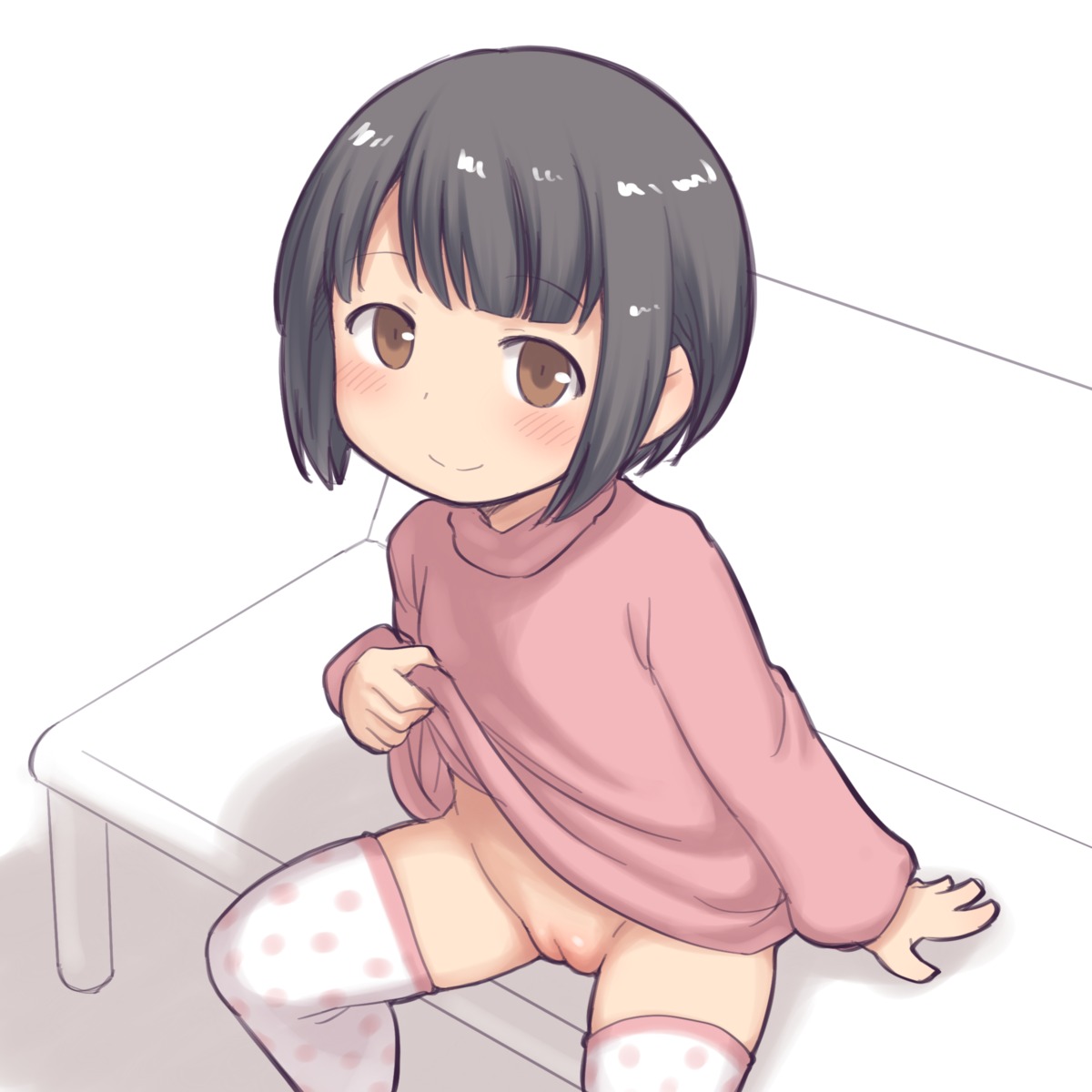 aaaa_(quad-a) bottomless loli pussy shirt_lift sweater thighhighs uncensored