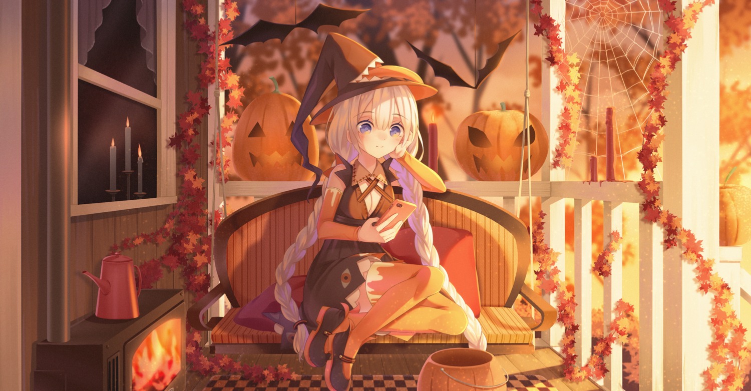 cleavage dress halloween kizuna_akari sakakidani skirt_lift thighhighs voiceroid witch