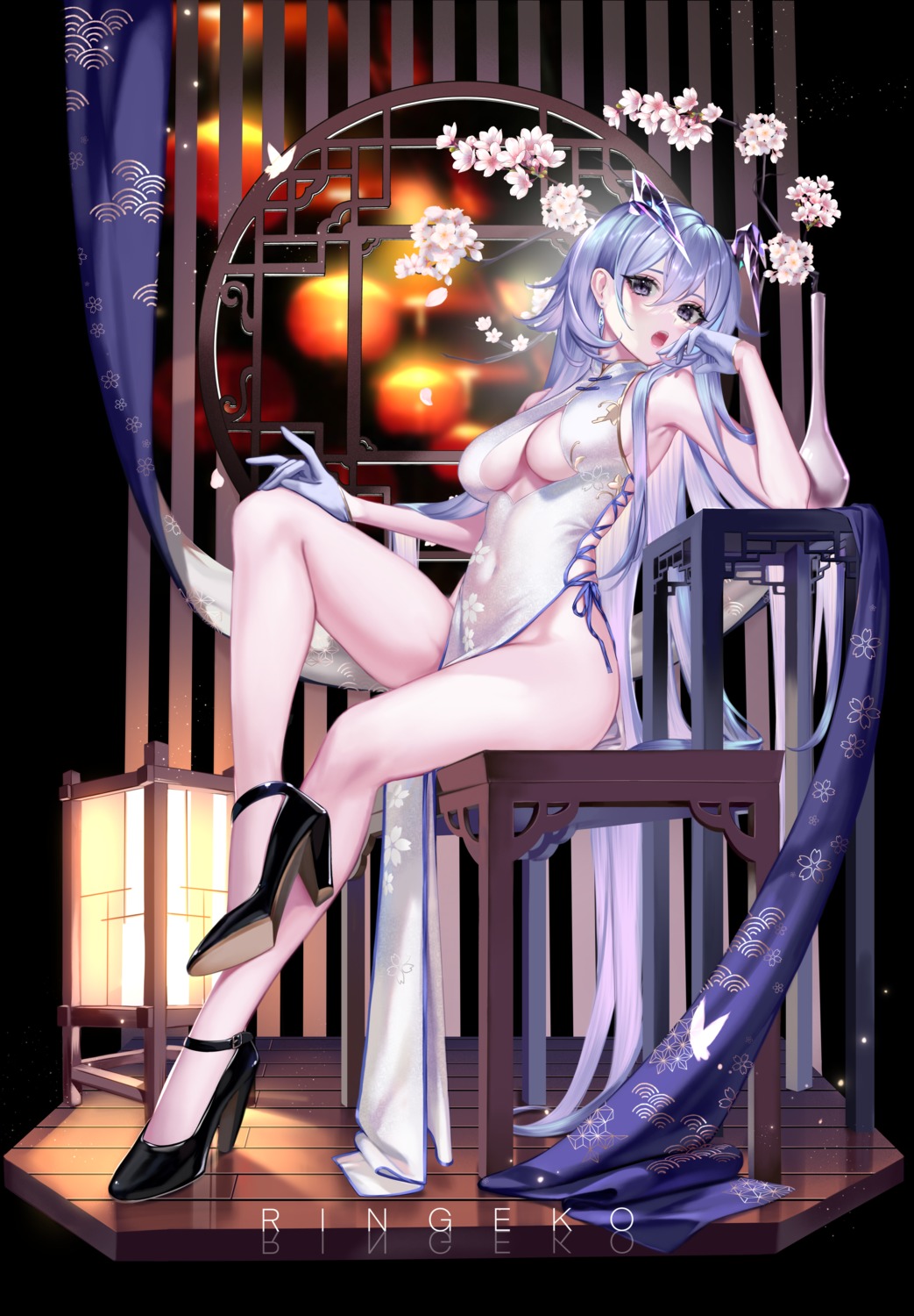 chinadress heels horns no_bra nopan open_shirt ringeko-chan see_through