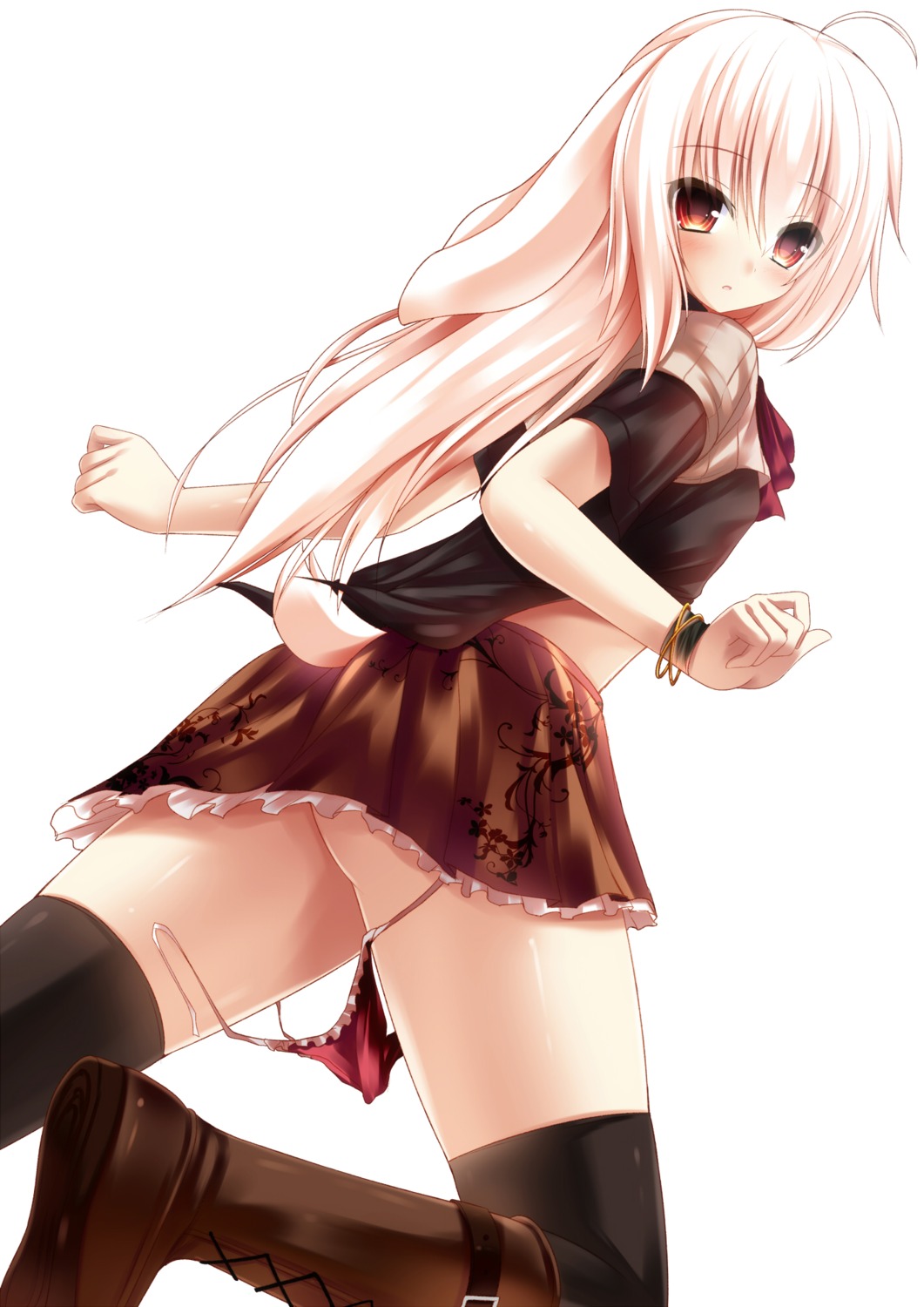 animal_ears bunny_ears loli pantsu panty_pull string_panties syroh tail thighhighs wardrobe_malfunction