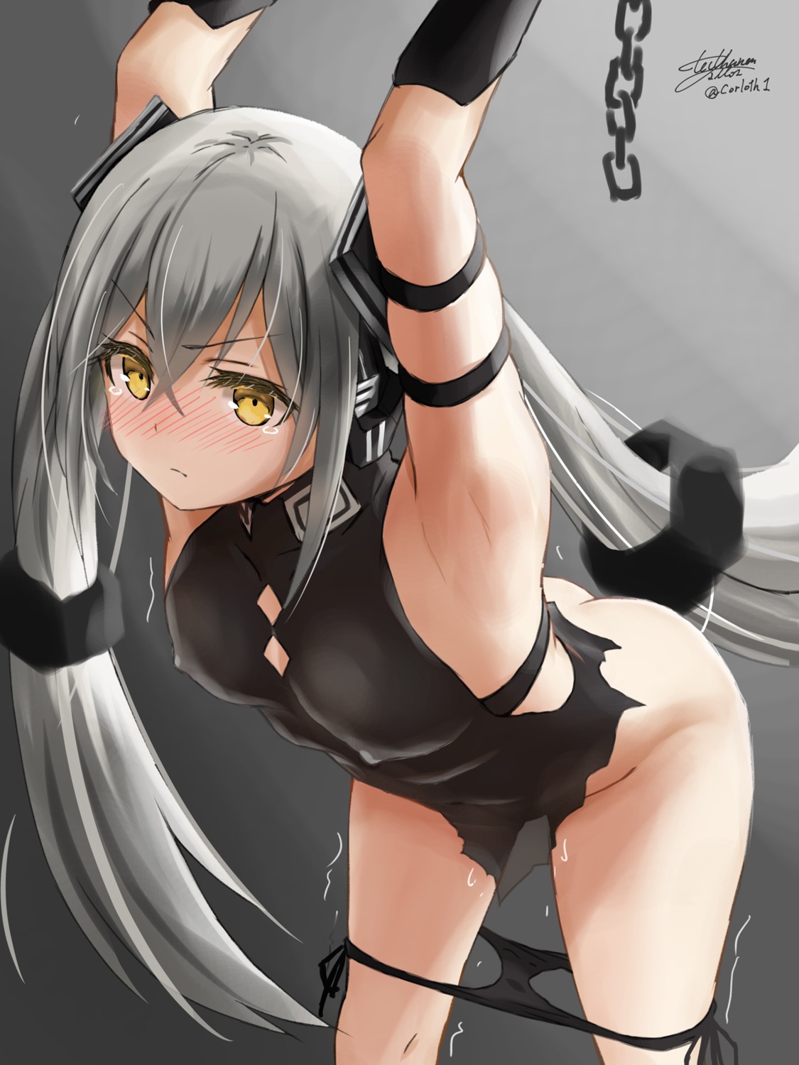 bondage destroyer_(girls_frontline) erect_nipples girls_frontline no_bra pantsu panty_pull see_through string_panties torn_clothes yukinoshiro