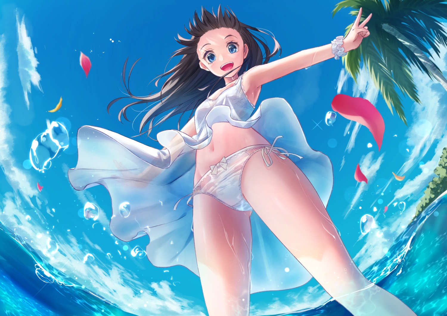 bra dress pantsu see_through shun'ya_(daisharin36) skirt_lift string_panties summer_dress wet wet_clothes