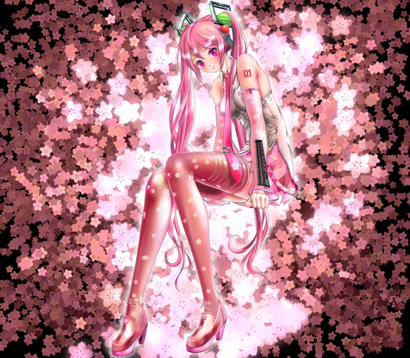 hatsune_miku headphones heels miharin sakura_miku see_through tattoo thighhighs vocaloid