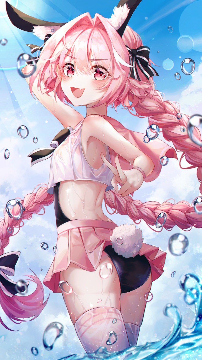 animal_ears ass astolfo_(fate) bbeedol bunny_ears fate/grand_order skirt_lift swimsuits tail thighhighs trap wet wet_clothes