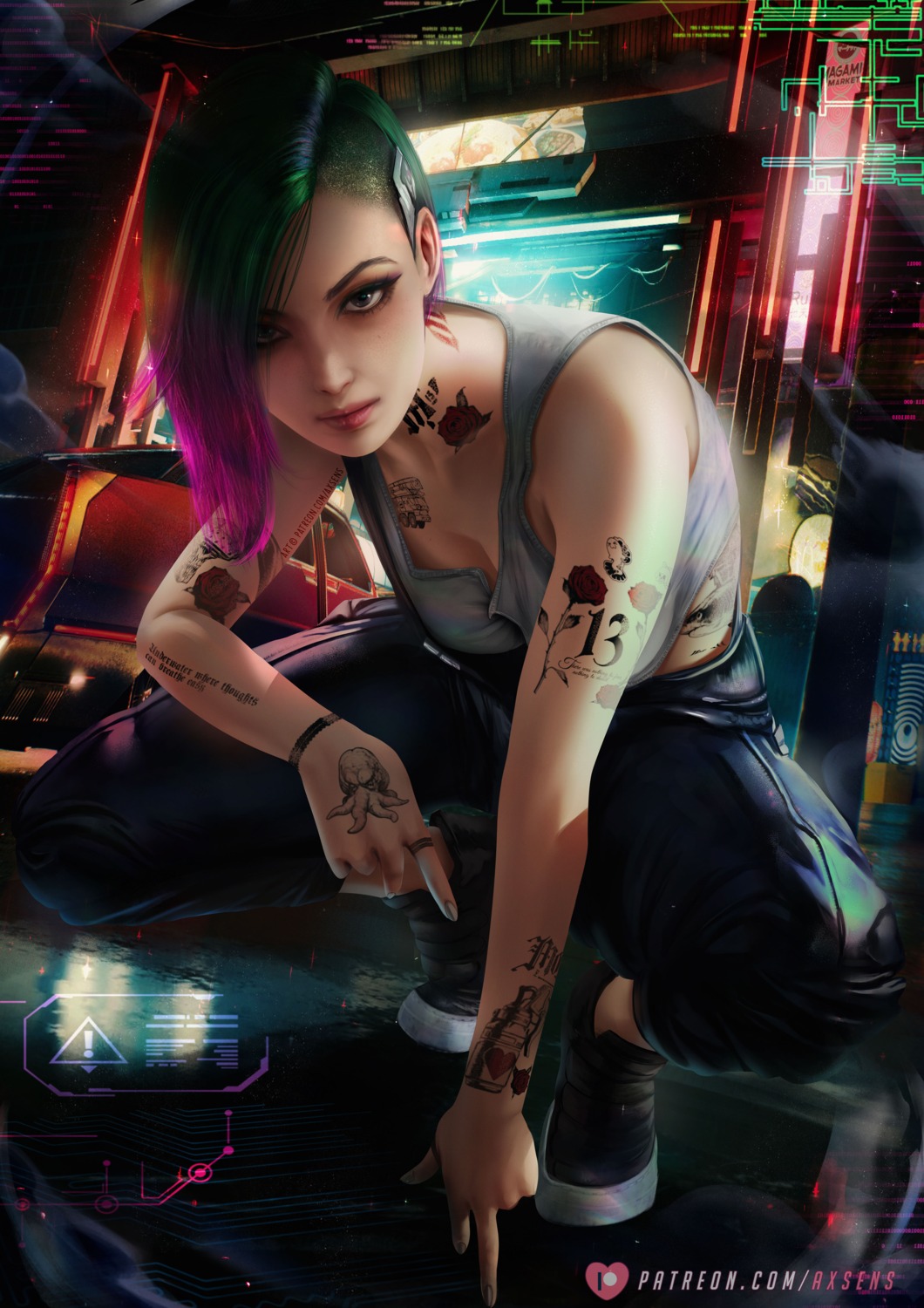 axsens cleavage cyberpunk_2077 judy_alvarez tattoo