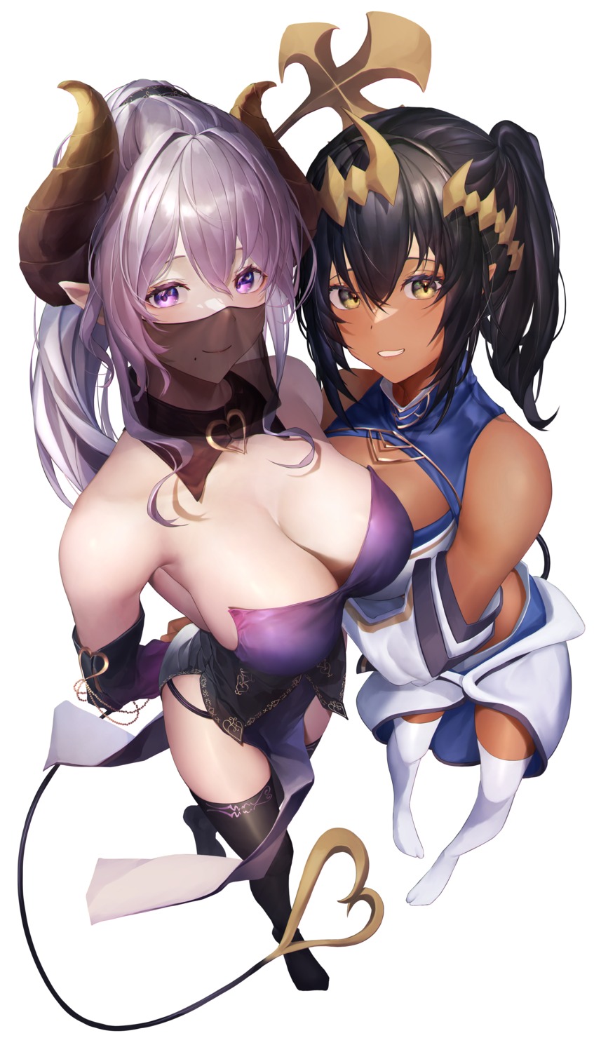 dress honey_strap horns mugimaccha nanashi_inc. no_bra pointy_ears saionji_mary shimamura_charlotte thighhighs