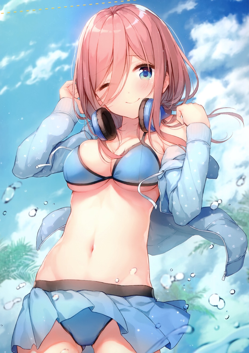 5-toubun_no_hanayome bikini headphones nakano_miku nijihashi_sora open_shirt swimsuits