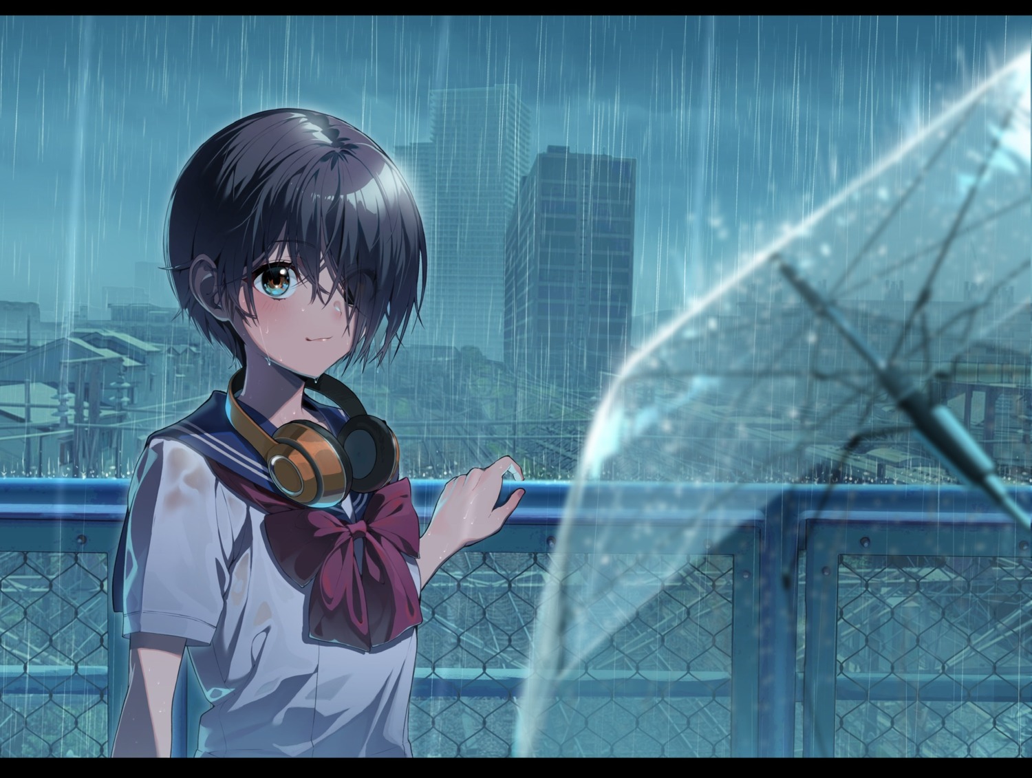 headphones kabu_(niniko2ko) see_through seifuku umbrella wet wet_clothes