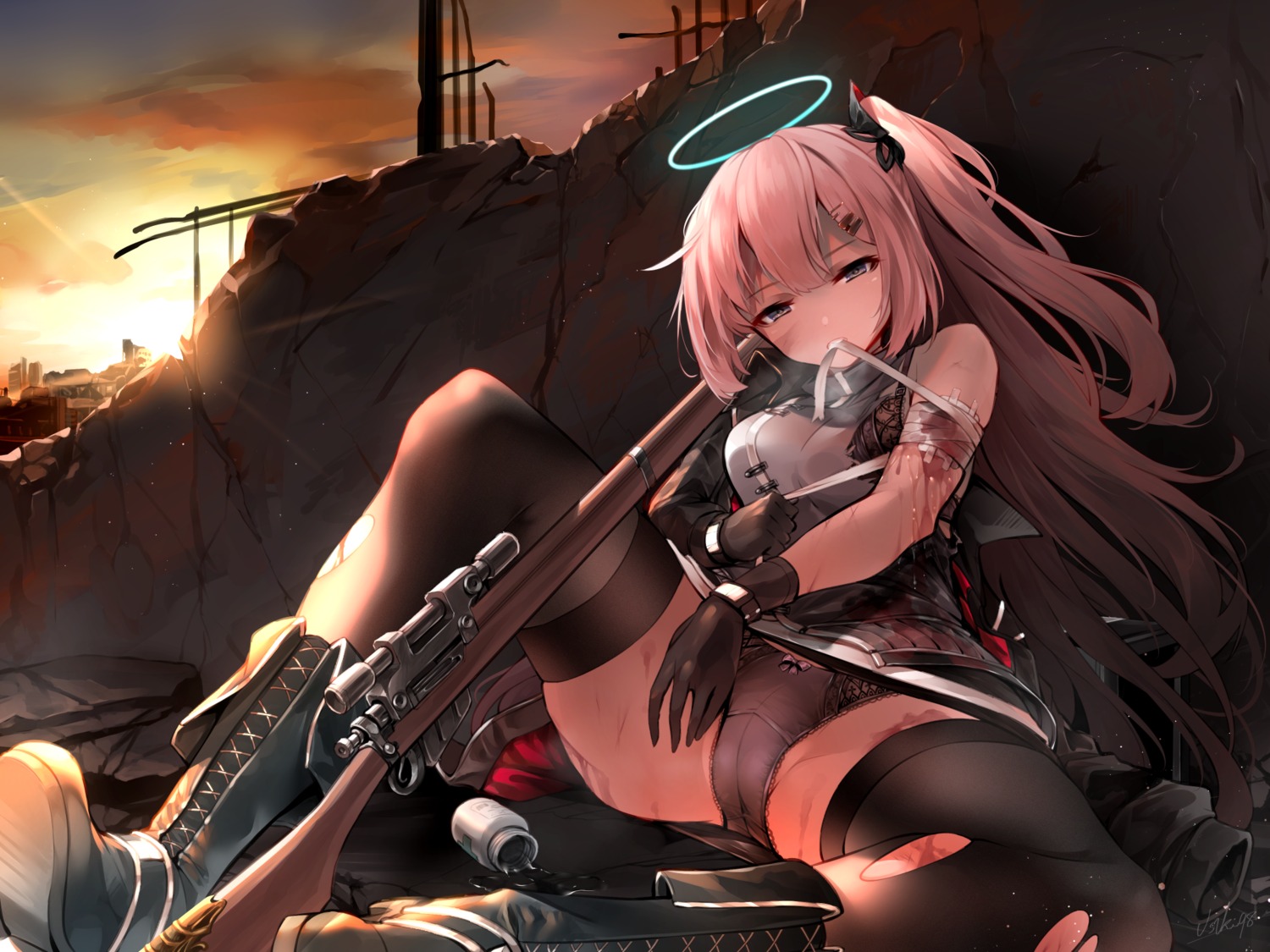 angel arknights bandages blood cameltoe gun pantsu skirt_lift thighhighs torn_clothes usuki_(graygreed)