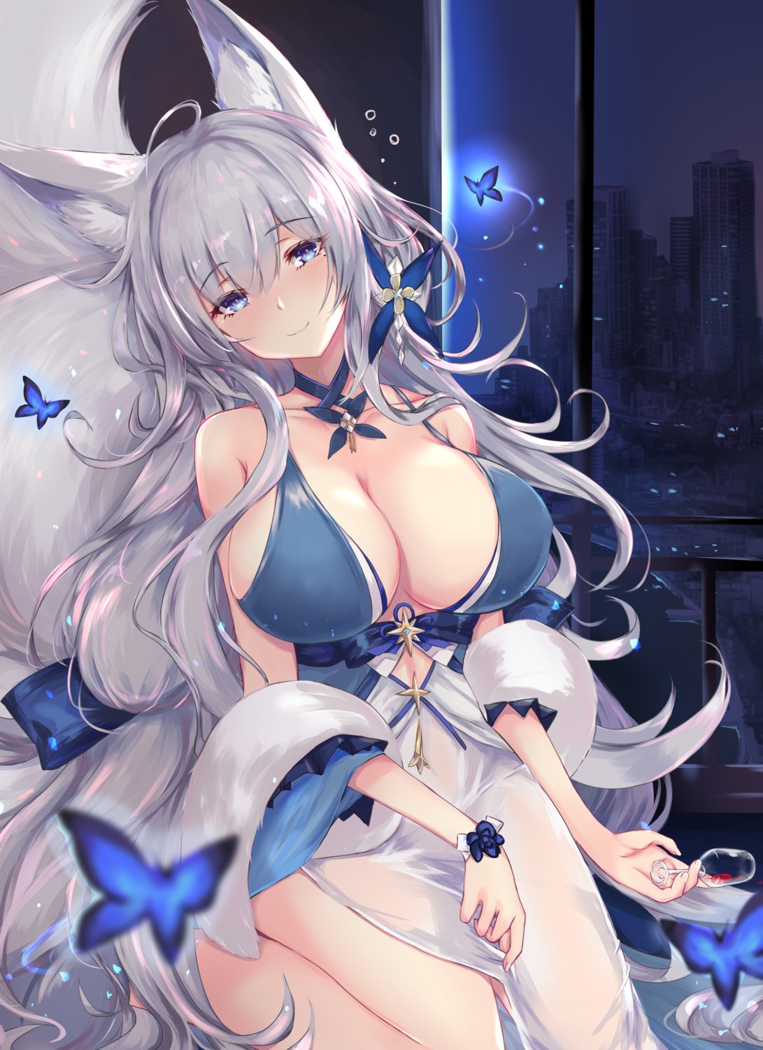 animal_ears azur_lane habu_rin japanese_clothes kitsune no_bra see_through shinano_(azur_lane) tail wet