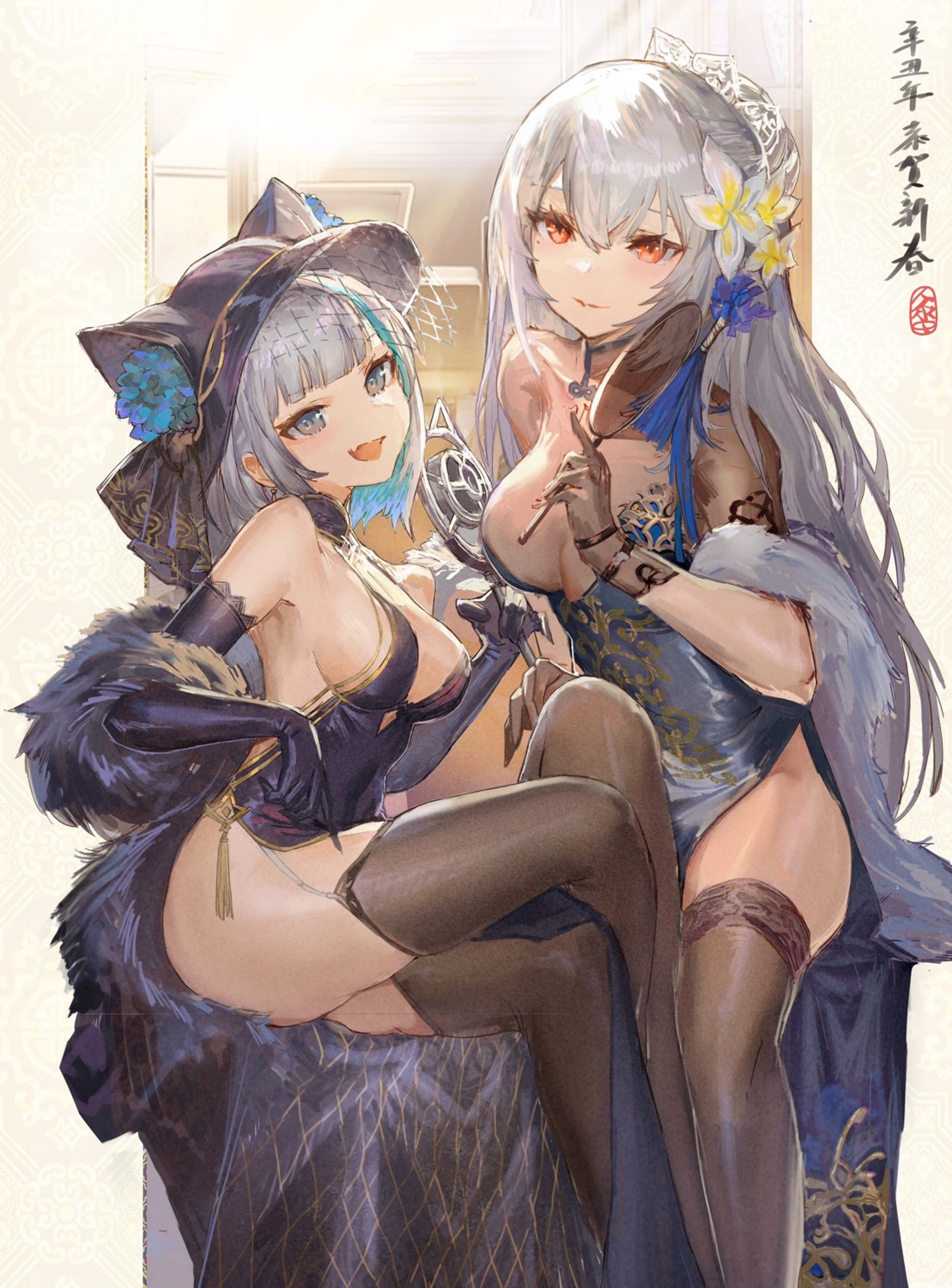 animal_ears azur_lane cheshire_(azur_lane) chinadress messikid nekomimi no_bra nopan saint_louis_(azur_lane) see_through sketch skirt_lift stockings thighhighs