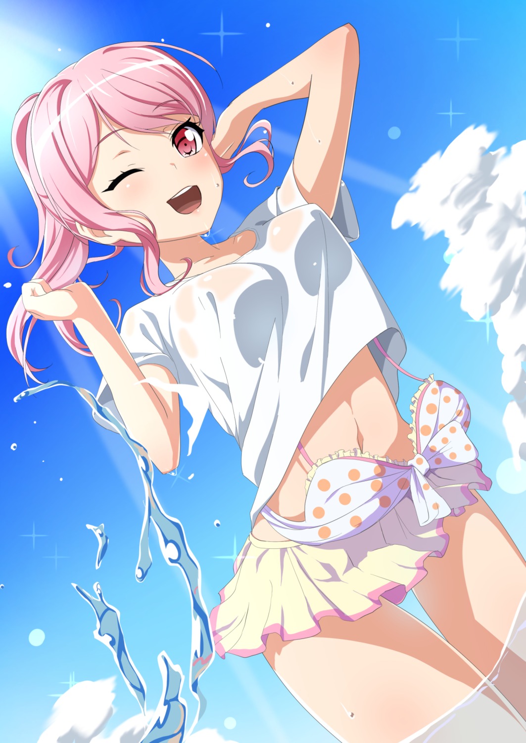 bang_dream! bikini maruyama_aya no_bra sakamata see_through skirt_lift swimsuits wardrobe_malfunction wet wet_clothes