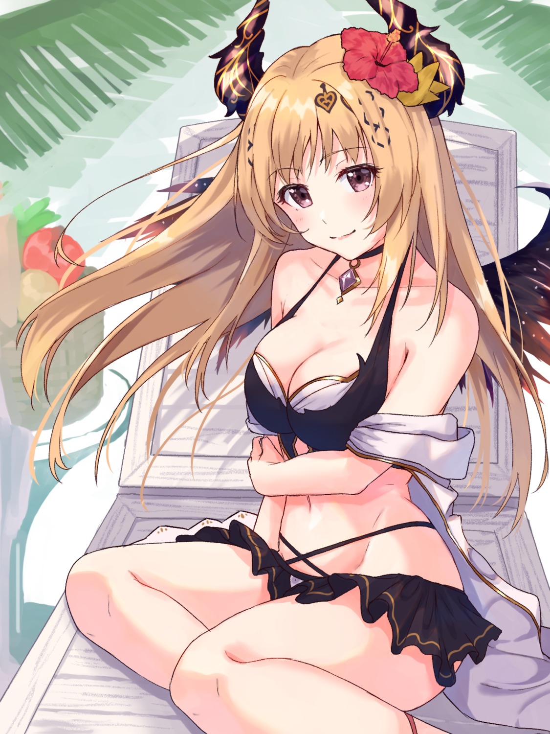 bikini cleavage dark_angel_olivia granblue_fantasy horns open_shirt swimsuits tsuki_usagi wings