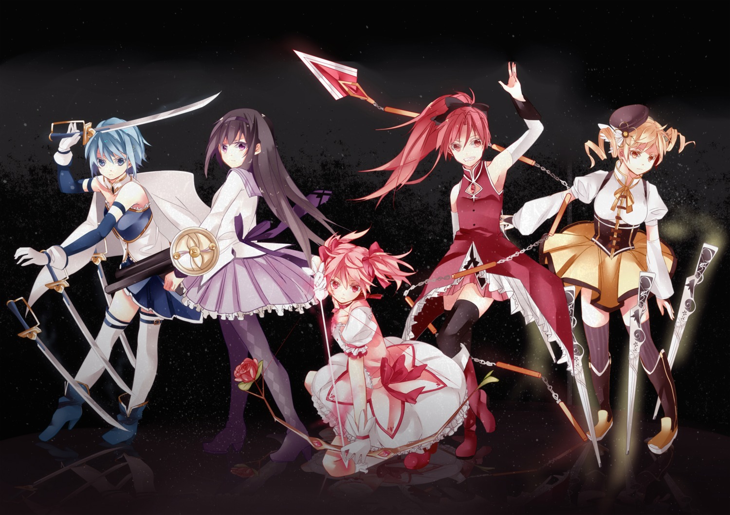 akemi_homura dress gun hatsuko heels kaname_madoka mahou_shoujo_madoka_magica miki_sayaka sakura_kyouko sword thighhighs tomoe_mami weapon