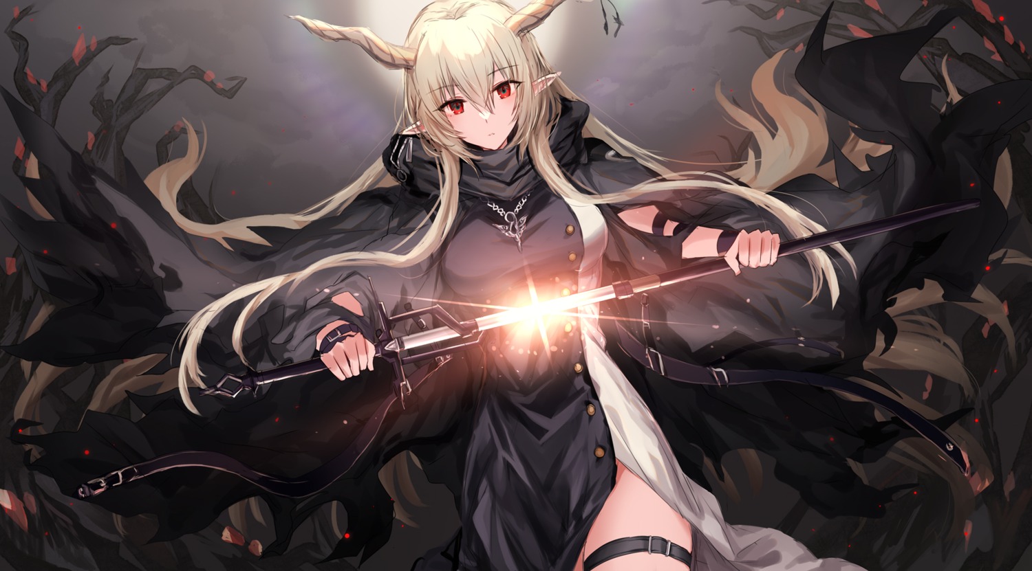 arknights dress garter horns kinona pointy_ears shining_(arknights) sword