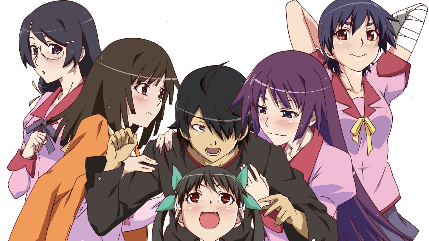 araragi_koyomi bakemonogatari hachikuji_mayoi hanekawa_tsubasa kanbaru_suruga megane monogatari_(series) seifuku sengoku_nadeko senjougahara_hitagi tsurugi