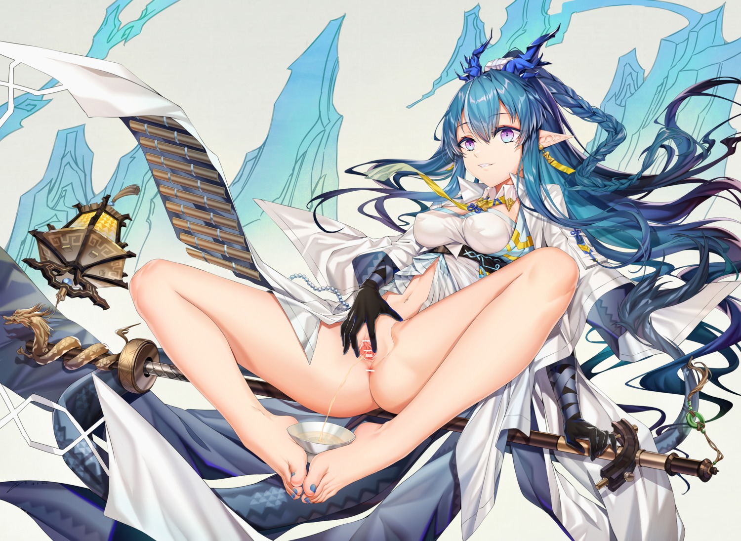anus arknights bottomless censored feet horns ling_(arknights) pee pointy_ears pussy weapon xo_(xo17800108)